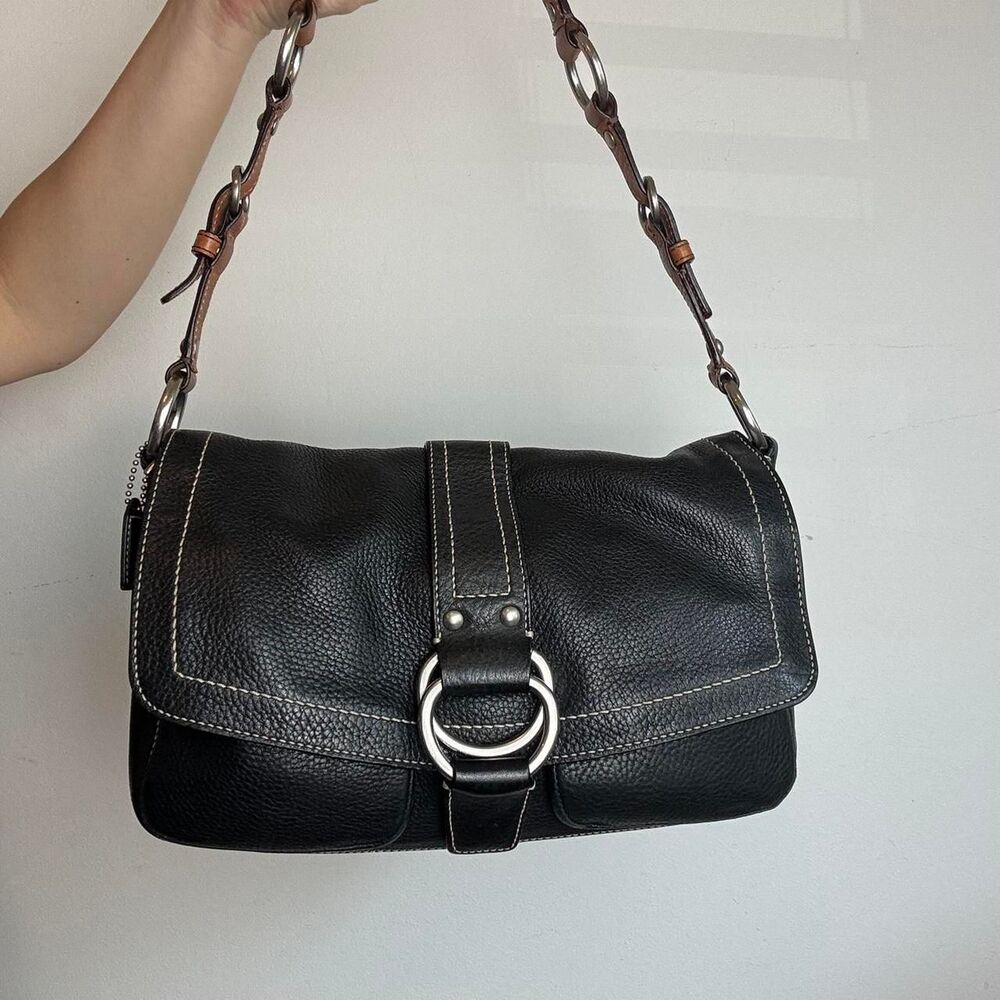 Coach Vintage Y2K Flap Black Leather Shoulder Bag with Silver Hardware